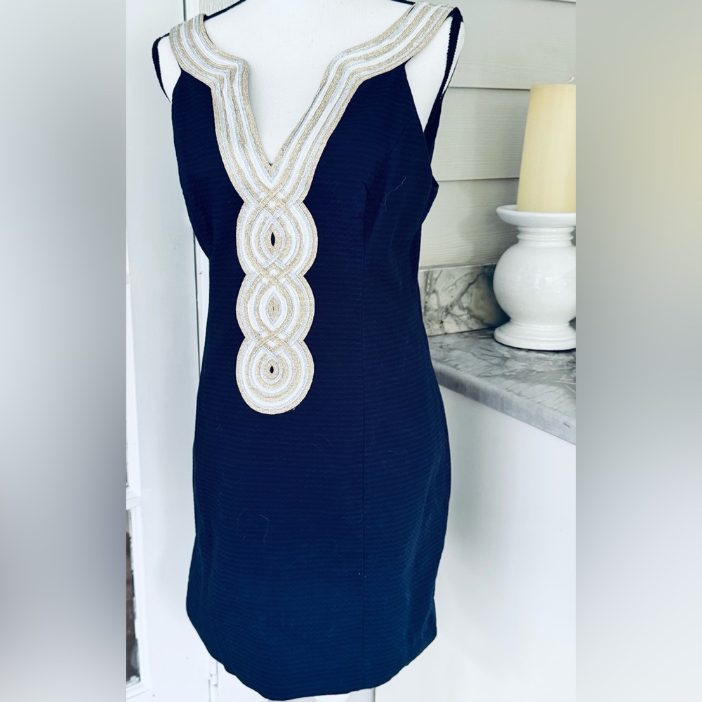 Lilly Pulitzer Valli Navy Shift Dress with White/Gold Detailing Size-6